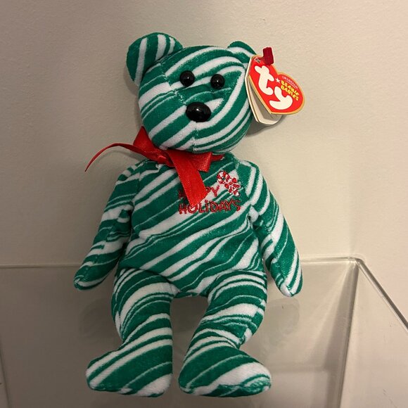 TY BEANIE BABY Striped Green Holiday Teddy With Tags Retired 2007 Plush 9" - Picture 1 of 6